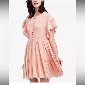 Free People Peach Tiered Flutter-Sleeve Midi Dress